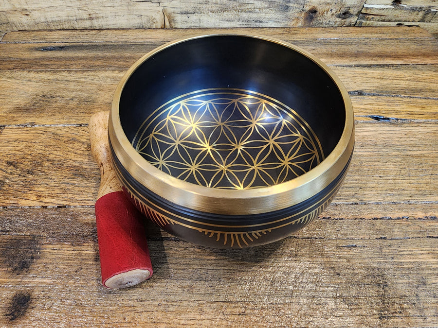 Singing Bowl - Brass - Flower of Life Black - 15cm