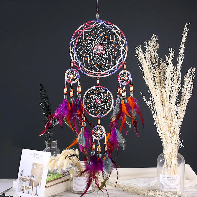 Dream Catcher - Velvet and Colored Beads, feather - 5 Rings