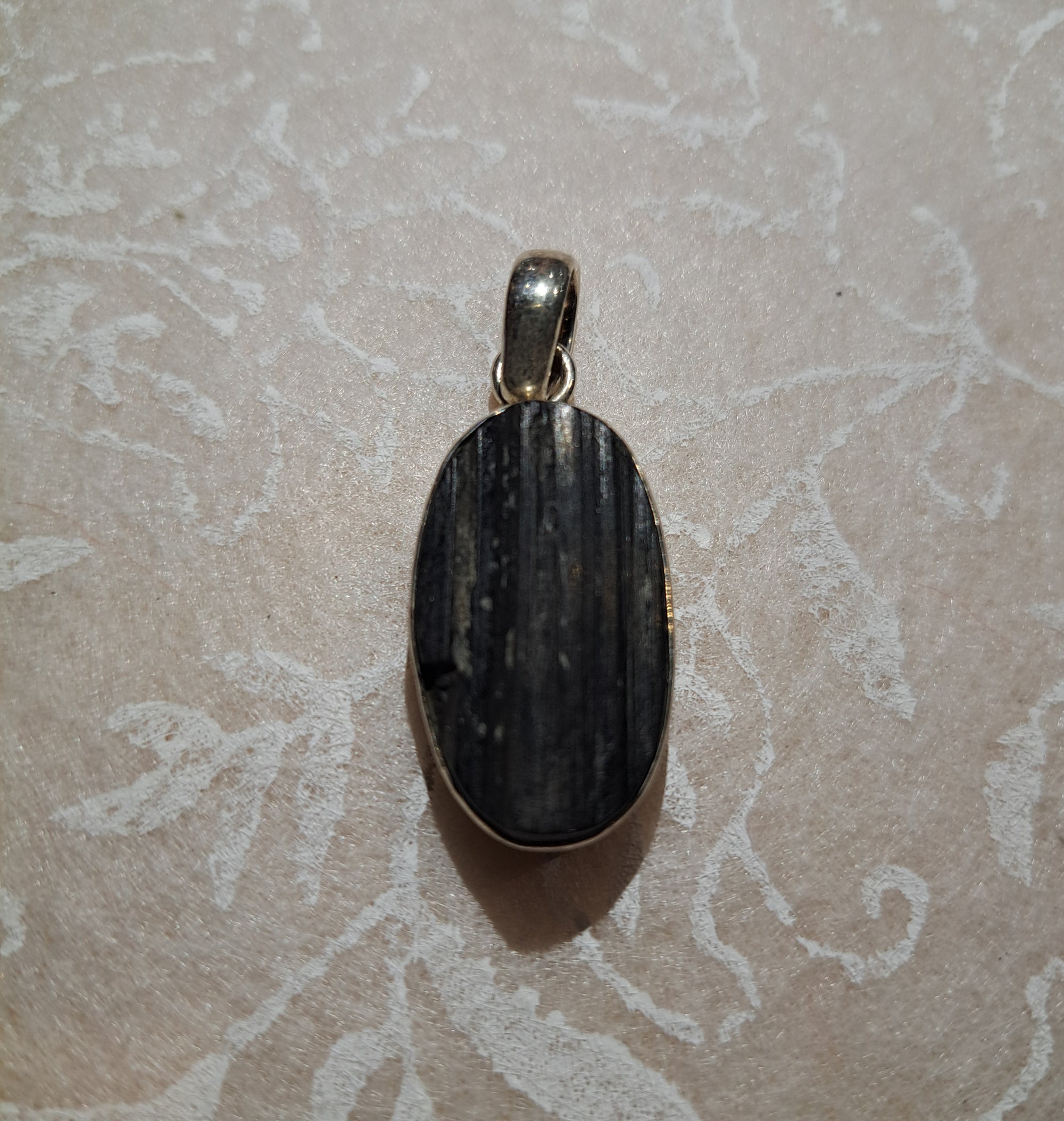 Black Tourmaline Raw Oval Pendant - Sterling Silver