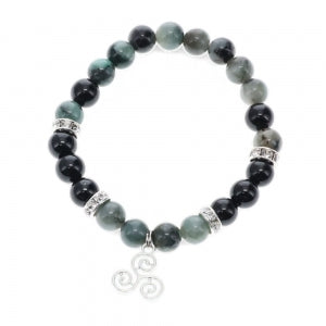 BRACELET - 8MM Emerald and black tourmaline with triple spiral
