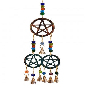 Pentacle Brass Bells with Chakra Bead String 35cm