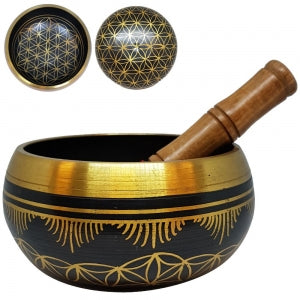 Singing Bowl - Brass - Flower of Life Black - 15cm