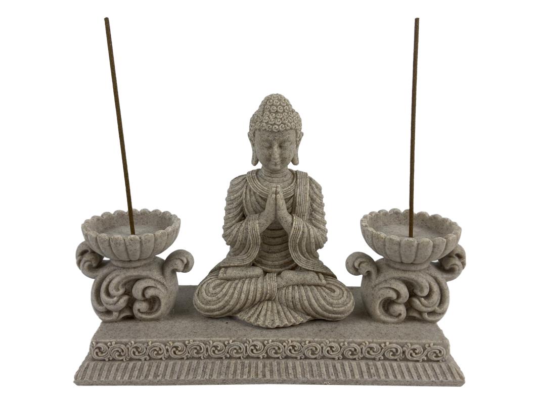 Statue - Buddha Twin Tealight/Incense Holder in Natural Finish - 20cm