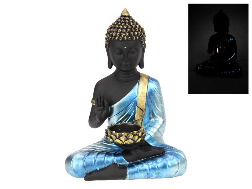 Statue - Blue Buddha with Tealight Holder in Blue Finish - 20cm