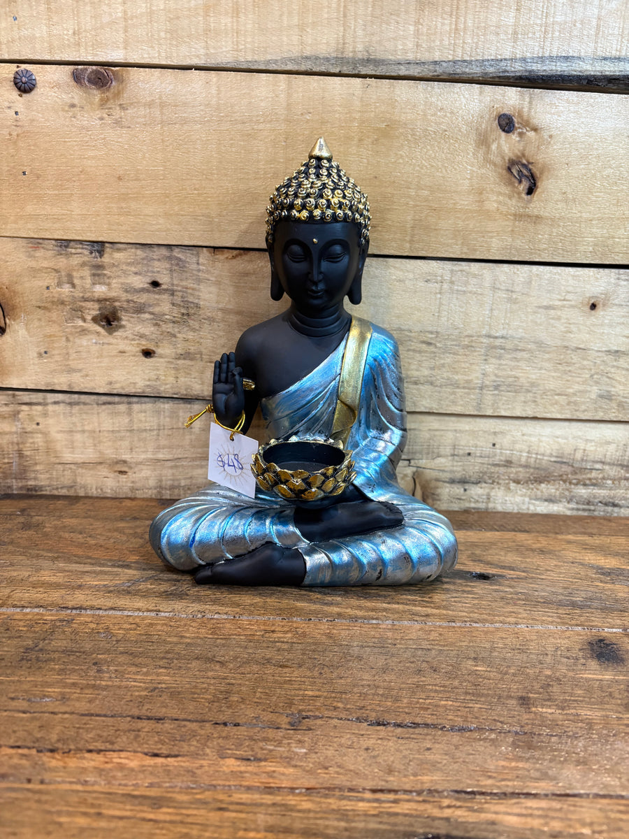 Statue - Blue Buddha with Tealight Holder in Blue Finish - 20cm