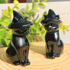 Crystal Cat With Hat - Black Obsidian