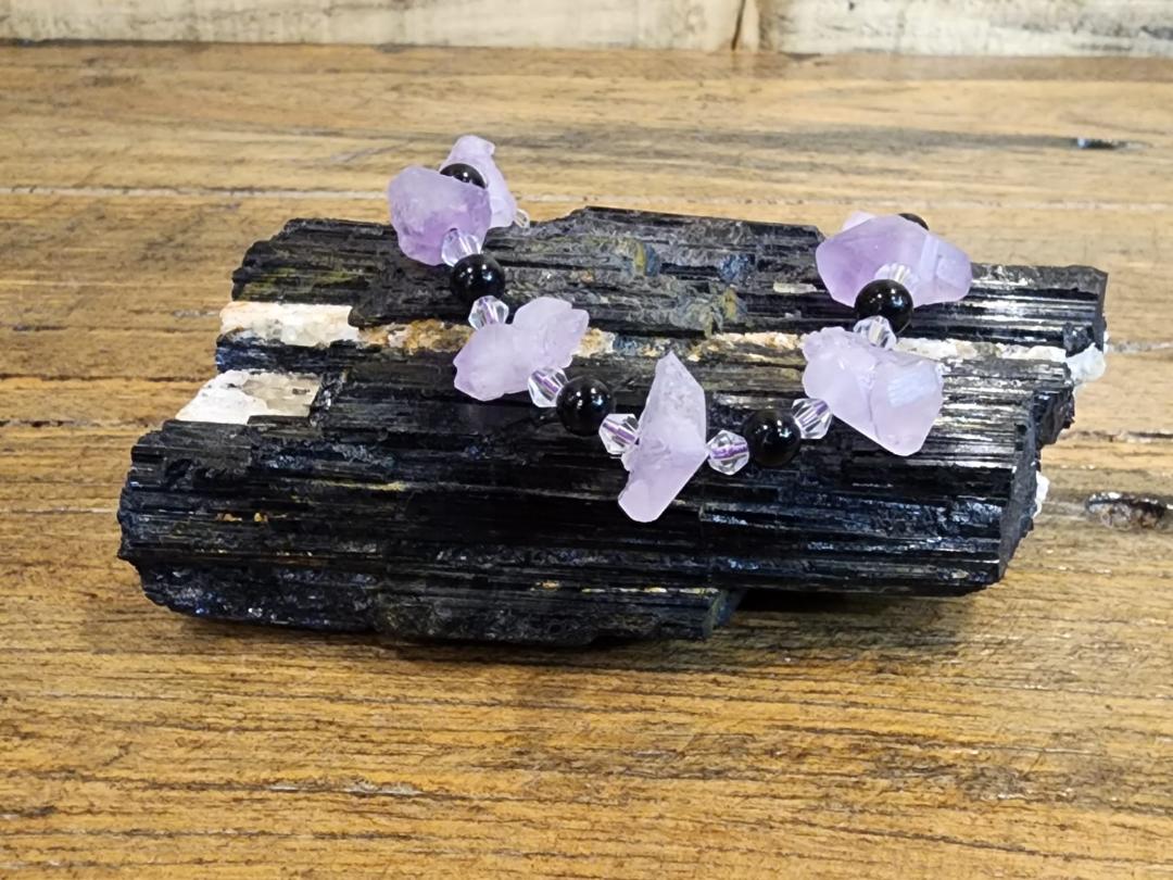BRACELET - TUMBLED Amethyst, Obsidian Black