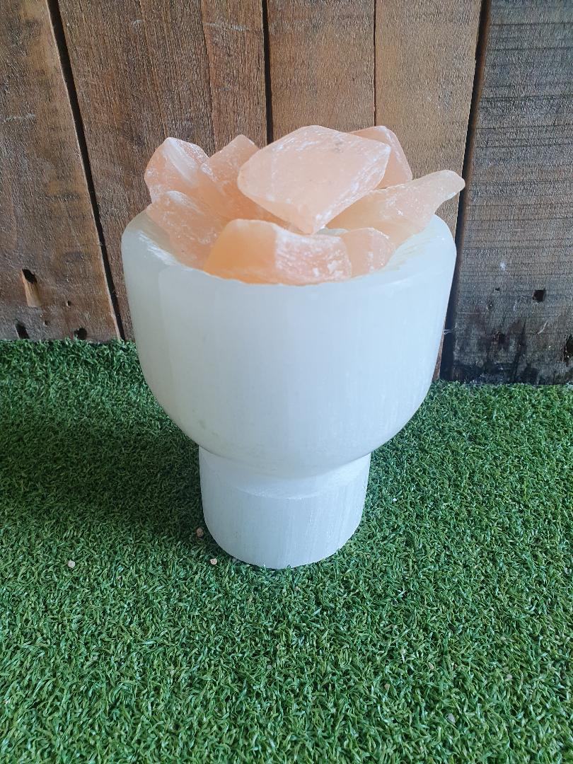 Selenite Fire Bowl Lamp With Peach Selenite