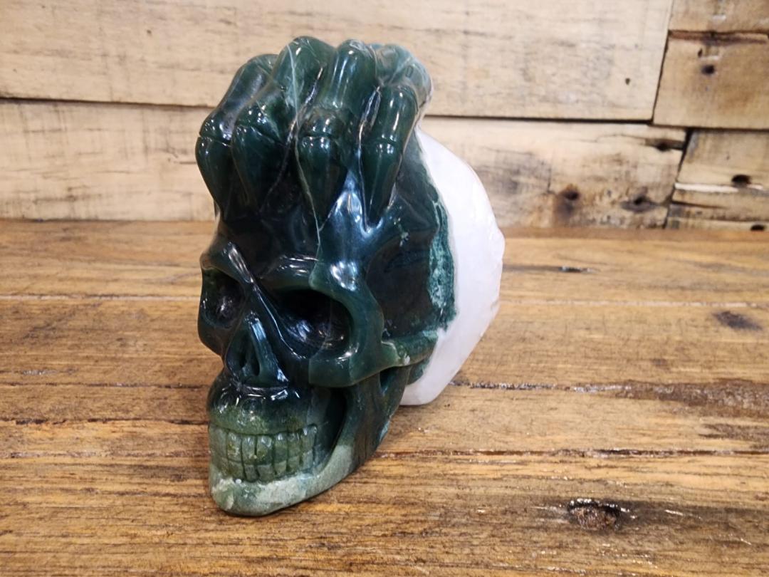 Crystal Skull - Moss Agate With Hand