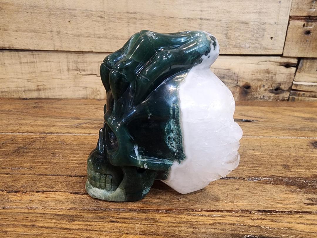 Crystal Skull - Moss Agate With Hand