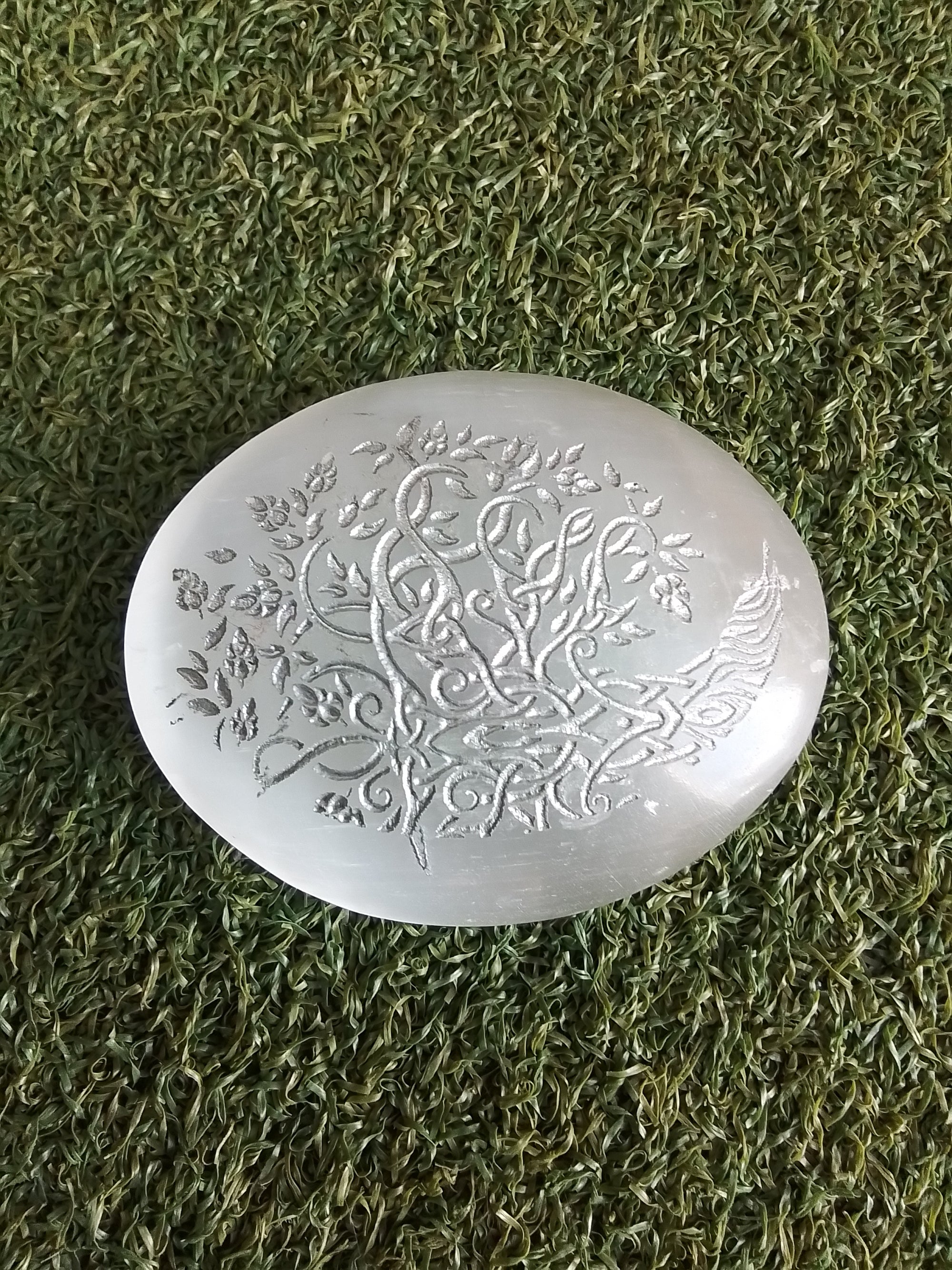 Selenite palm stone with Tree