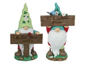 22CM FLORAL GARDEN GNOME WITH GARDEN INSPIRATIONAL SIGN ASSTD