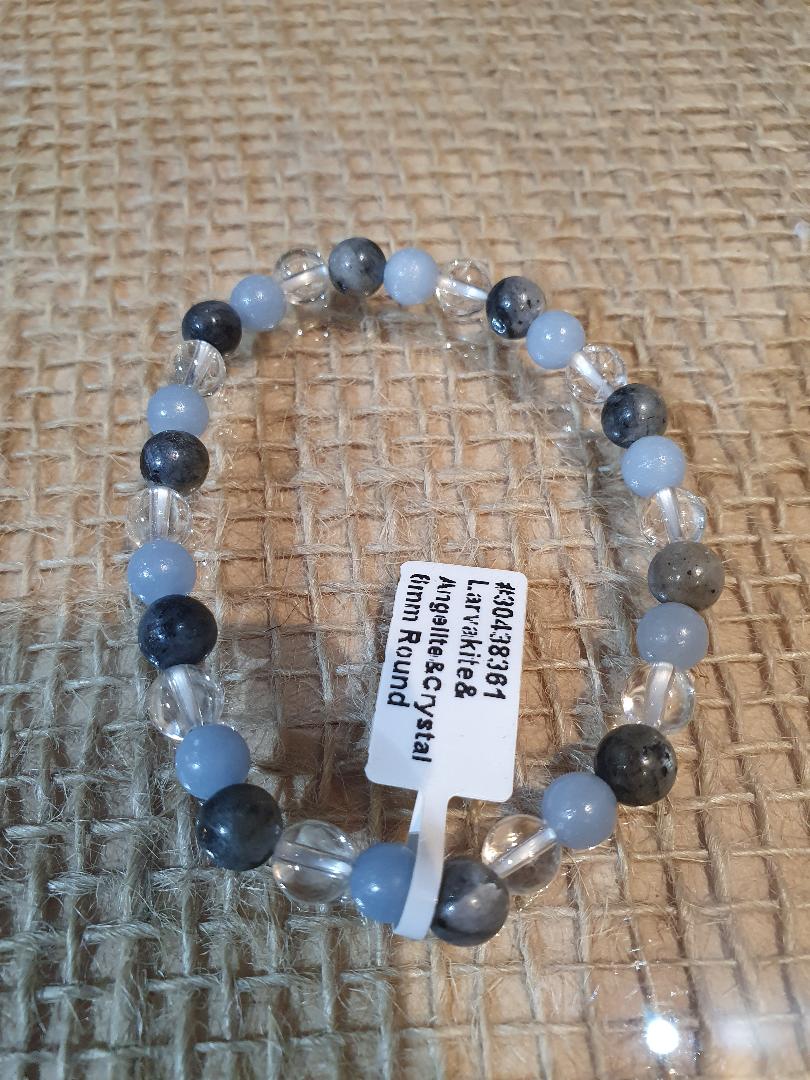 BRACELET - 6MM LARVAKITE, ANGELITE, CRYSTAL