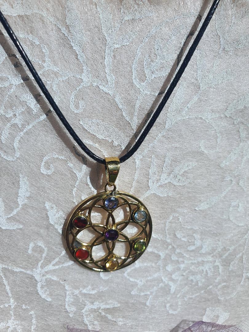 Pendant - brass 7 chakra with crystals
